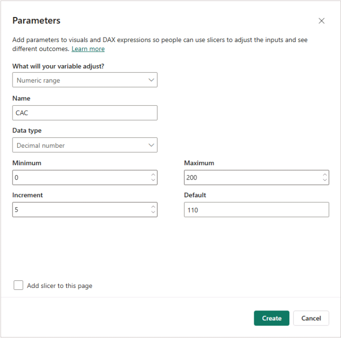 Microsoft Power BI New parameter dialog (Numeric range) creating CAC with minimum, maximum, increment, and default values.