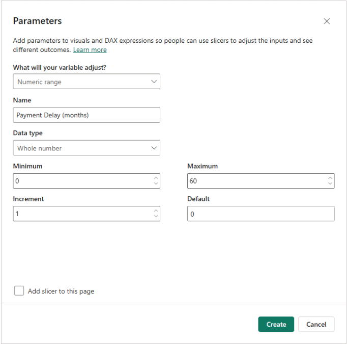 An example of a scenario parameter in Microsoft Power BI for project labor inflation