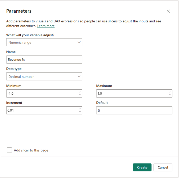 Power BI What-If parameter setup for forecast assumptions.